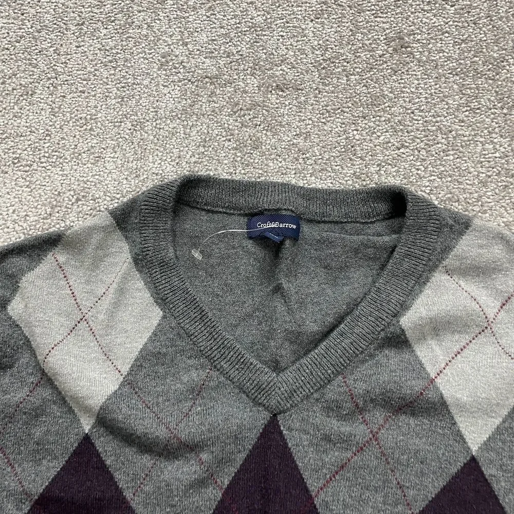 Croft & Barrow Sweater Pullover Mens XL Multicolor Argyle/Diamond Knit V-Neck